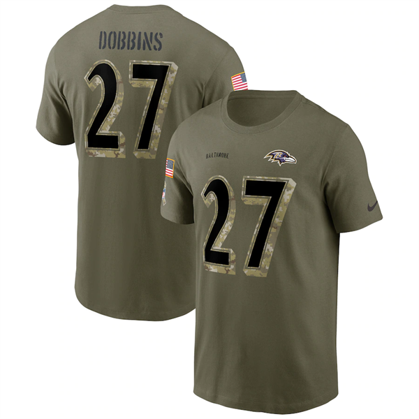 Men's Baltimore Ravens #27 J.K. Dobbins 2022 Olive Salute to Service T-Shirt Men's Baltimore Ravens #27 J.K. Dobbins 2022 Olive Salute to Service T-Shirt